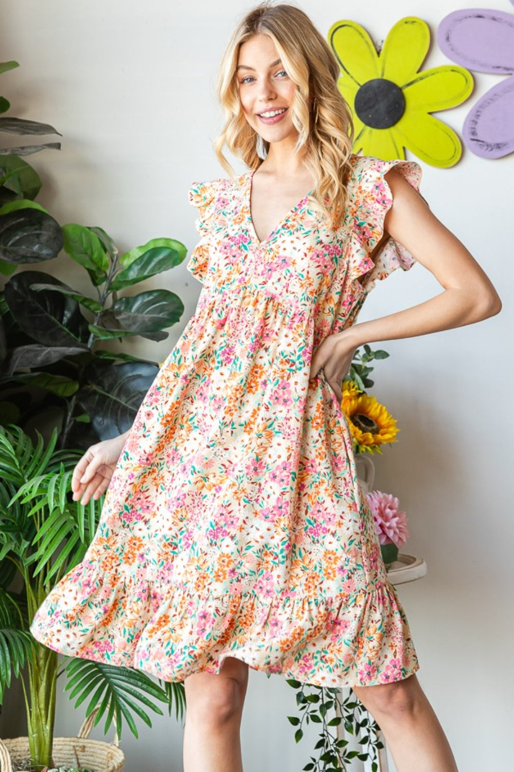 Heimish Full Size Floral Ruffled V-Neck Dress *