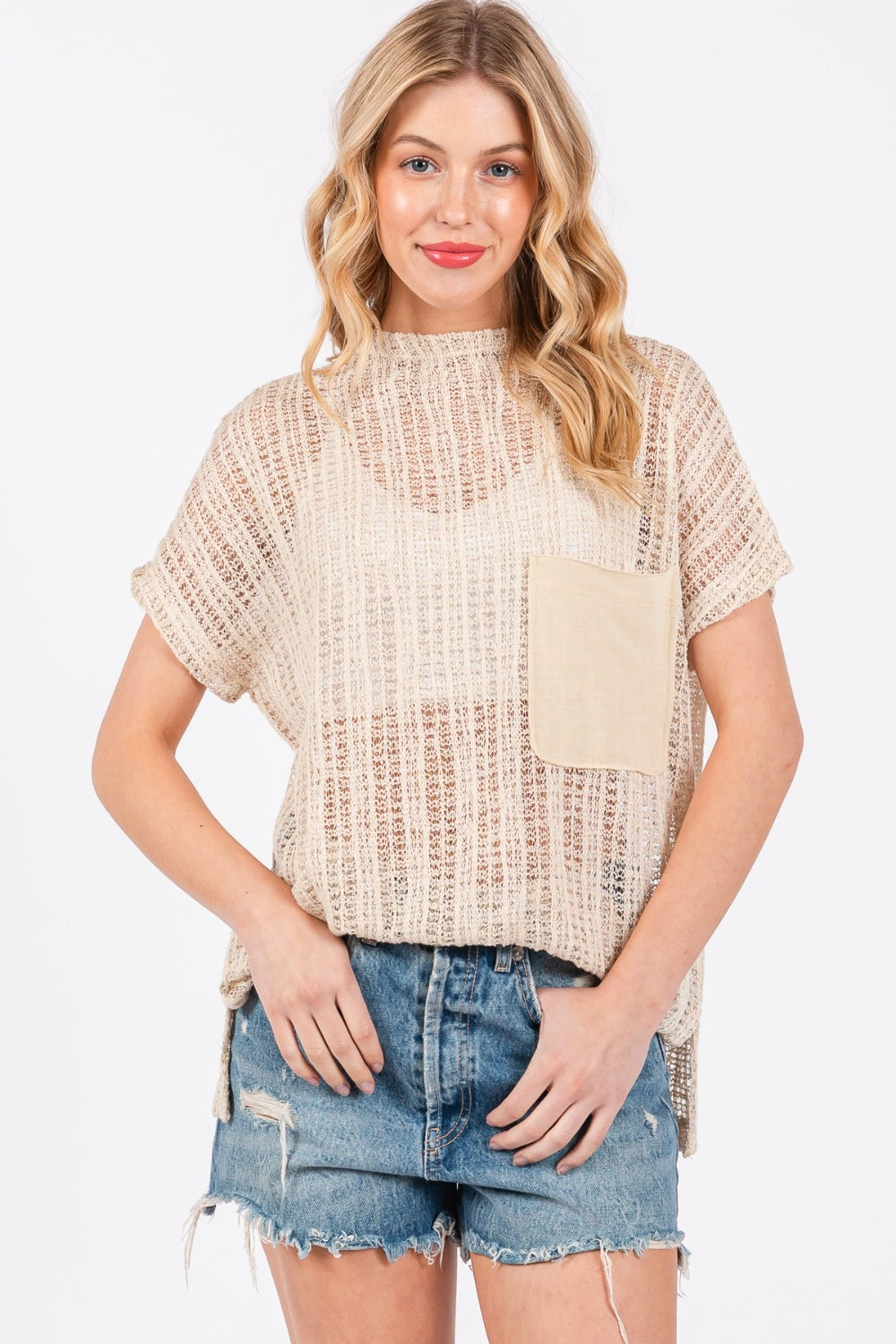 Ces Femme See Through Crochet Mock Neck Cover Up *