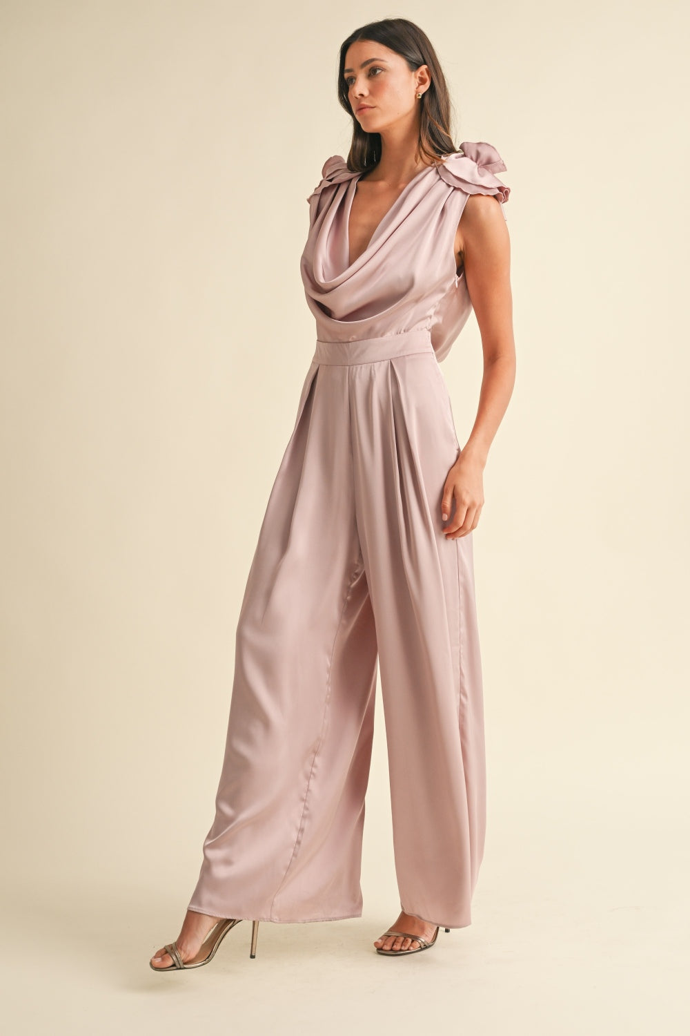 MABLE 3D Floral Applique Deep Cowl Neck Jumpsuit *