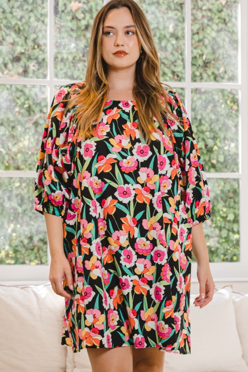 ODDI Full Size Floral Puff Sleeve Mini Dress *
