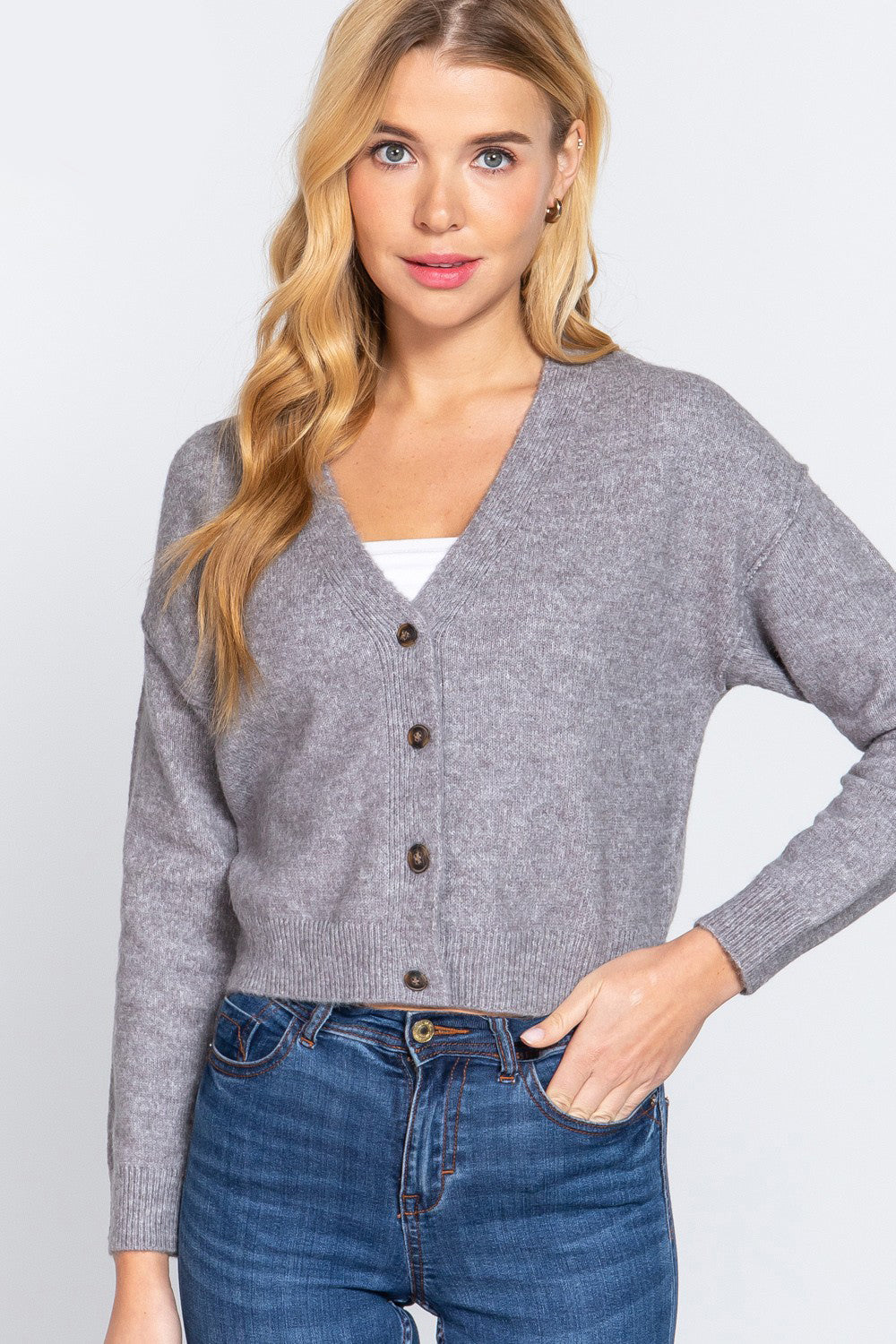 ACTIVE BASIC V-Neck Button Up Long Sleeve Knit Cardigan *