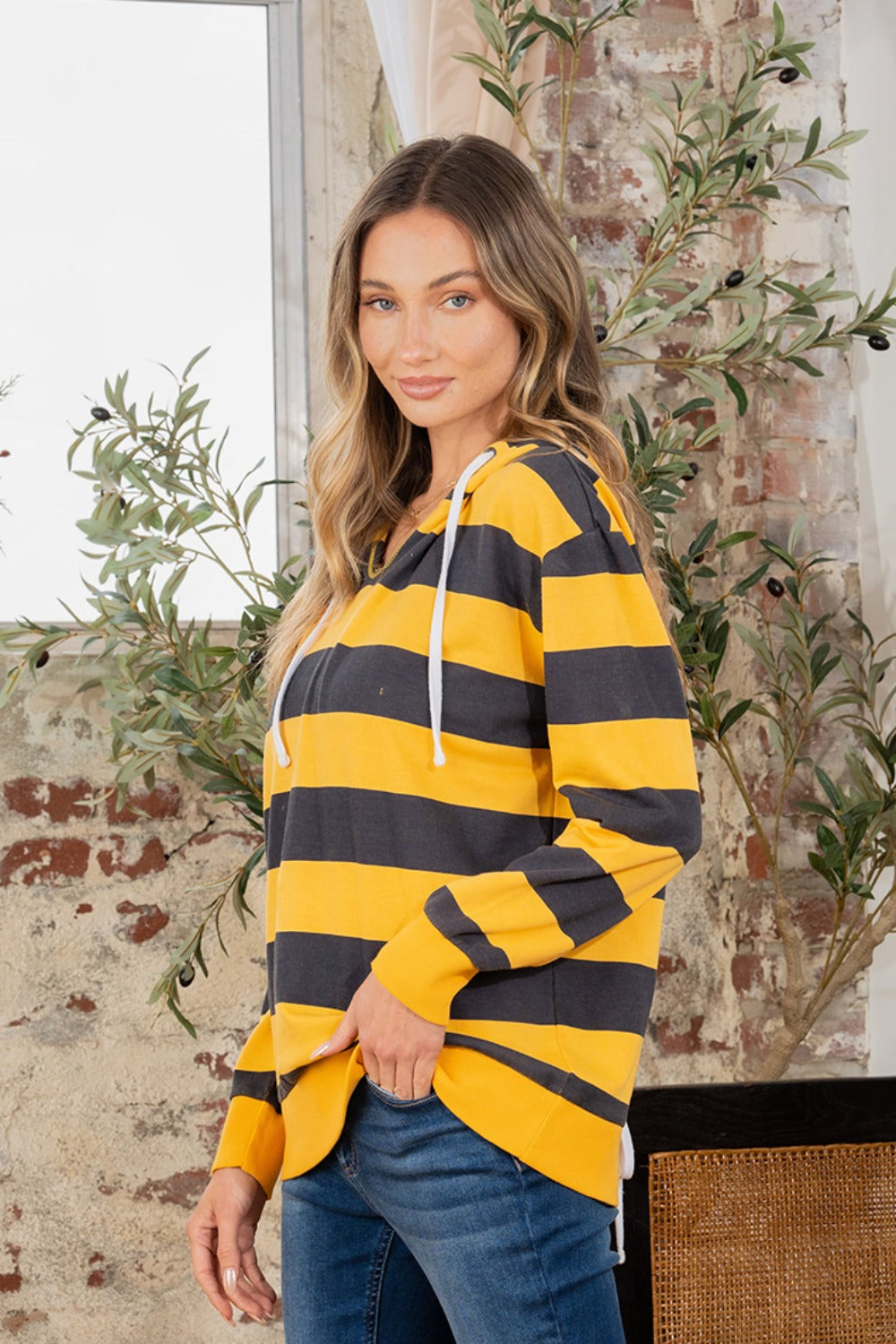 Sew in Love Full Size Drawstring Striped Long Sleeve Hoodie *