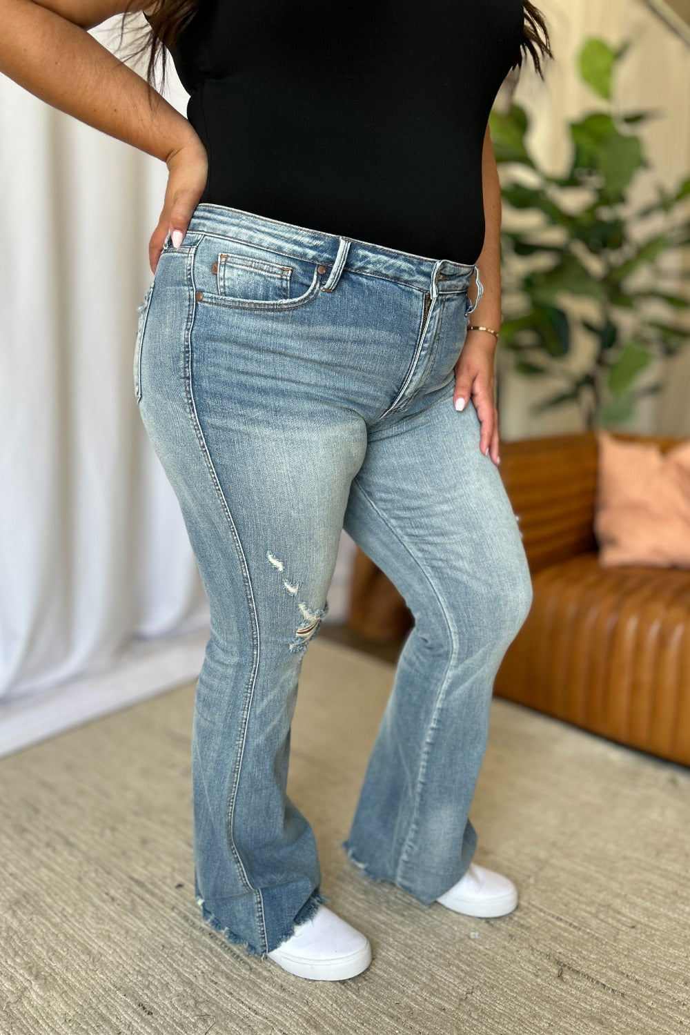Judy Blue Full Size Medium Rise Tummy Control Destroy Flare Jeans *