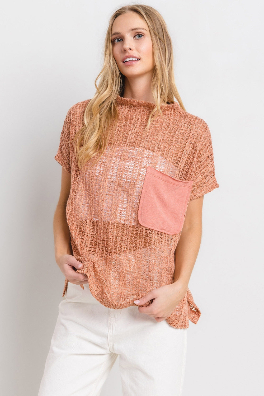 Ces Femme See Through Crochet Mock Neck Cover Up *