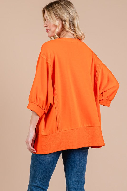 Ces Femme Side Slit Drop Shoulder Puff Sleeve Sweatshirt *