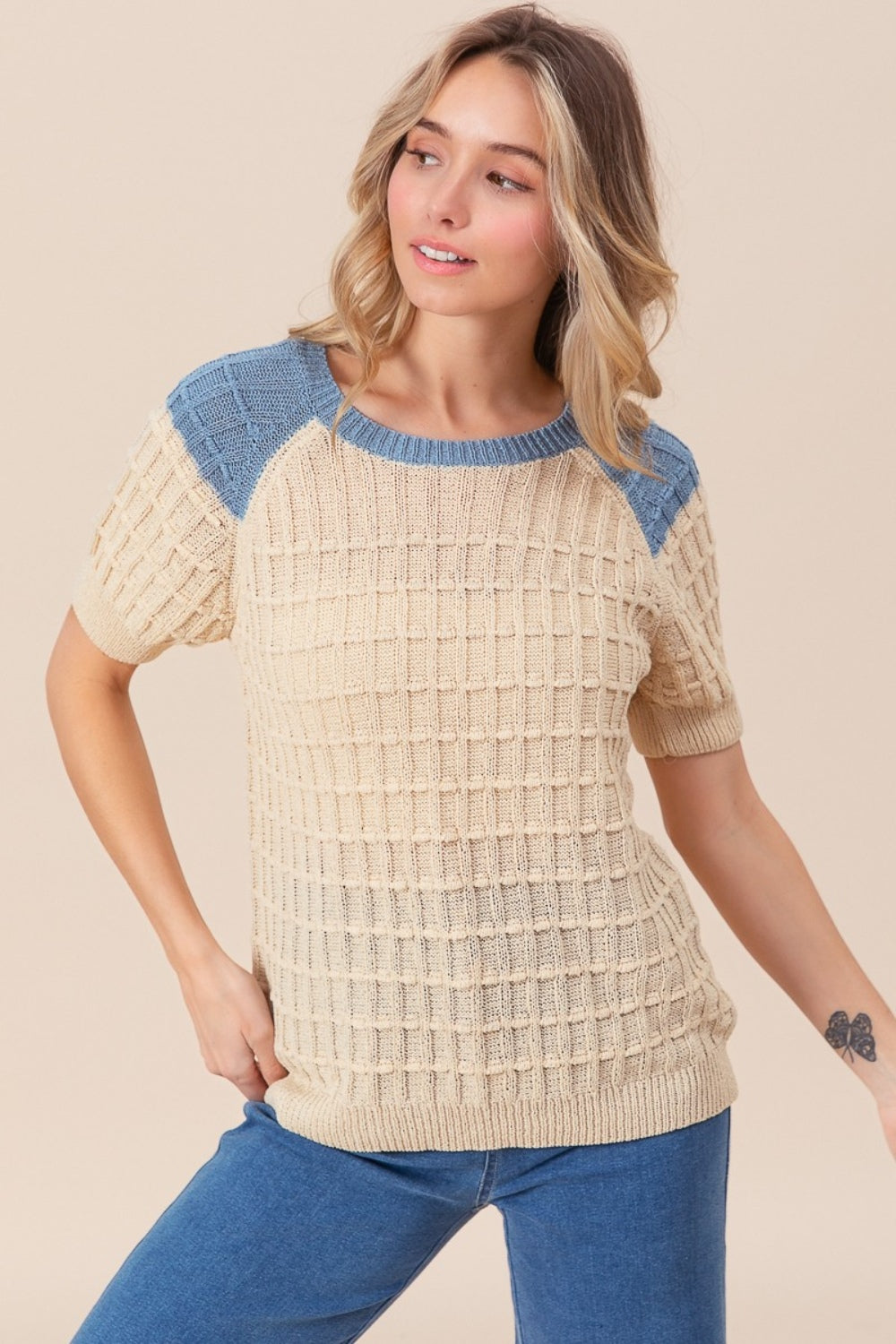 BiBi Textured Contrast Short Sleeve Sweater - Brand BiBi