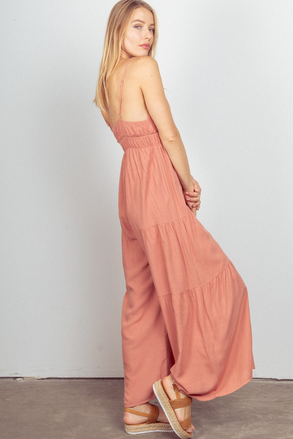 VERY J Sleeveless Ruched Wide Leg Jumpsuit *