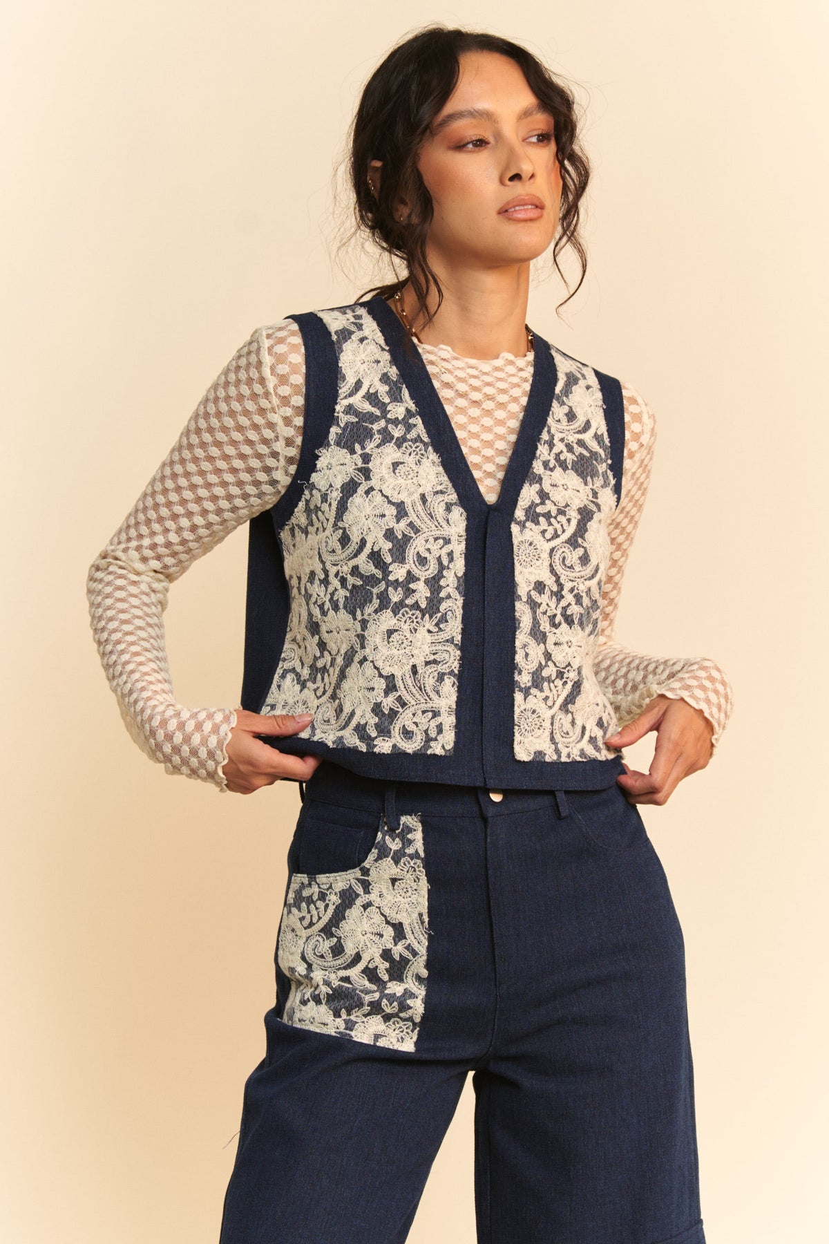 Davi & Dani Lace Patch Open Front Denim Vest *