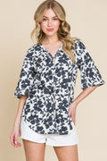 BOMBOM Floral Decorative Button V-Neck Top *