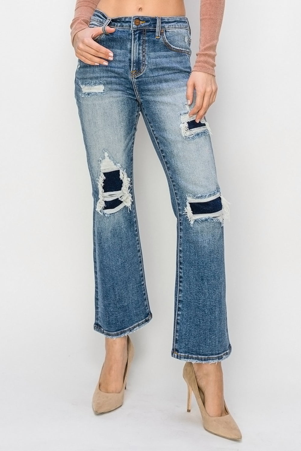Risen Full Size High Rise Distressed Ankle Flare Jeans *