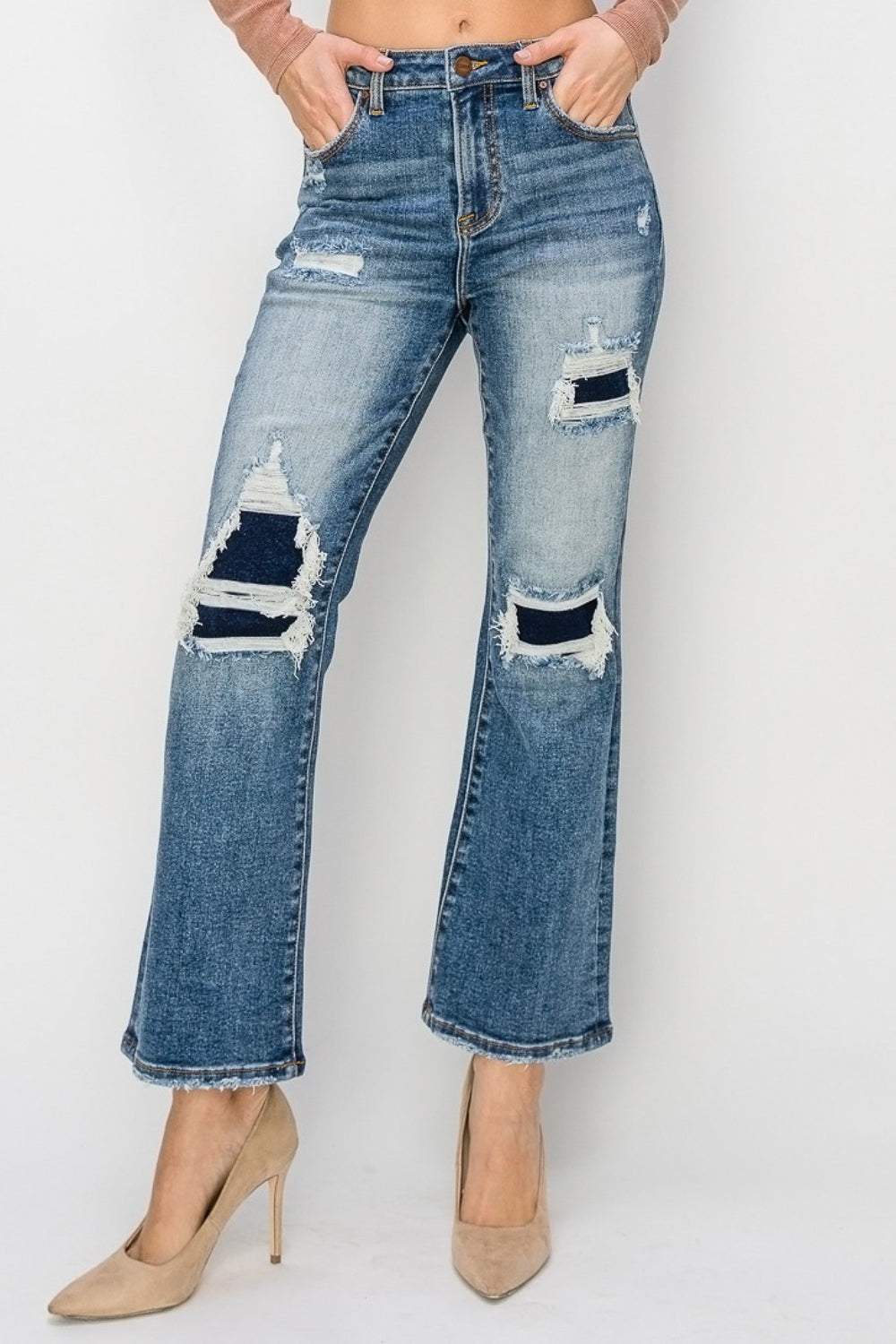 Risen Full Size High Rise Distressed Ankle Flare Jeans *