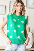 First Love Full Size Flower Pattern Round Neck Sweater Vest *