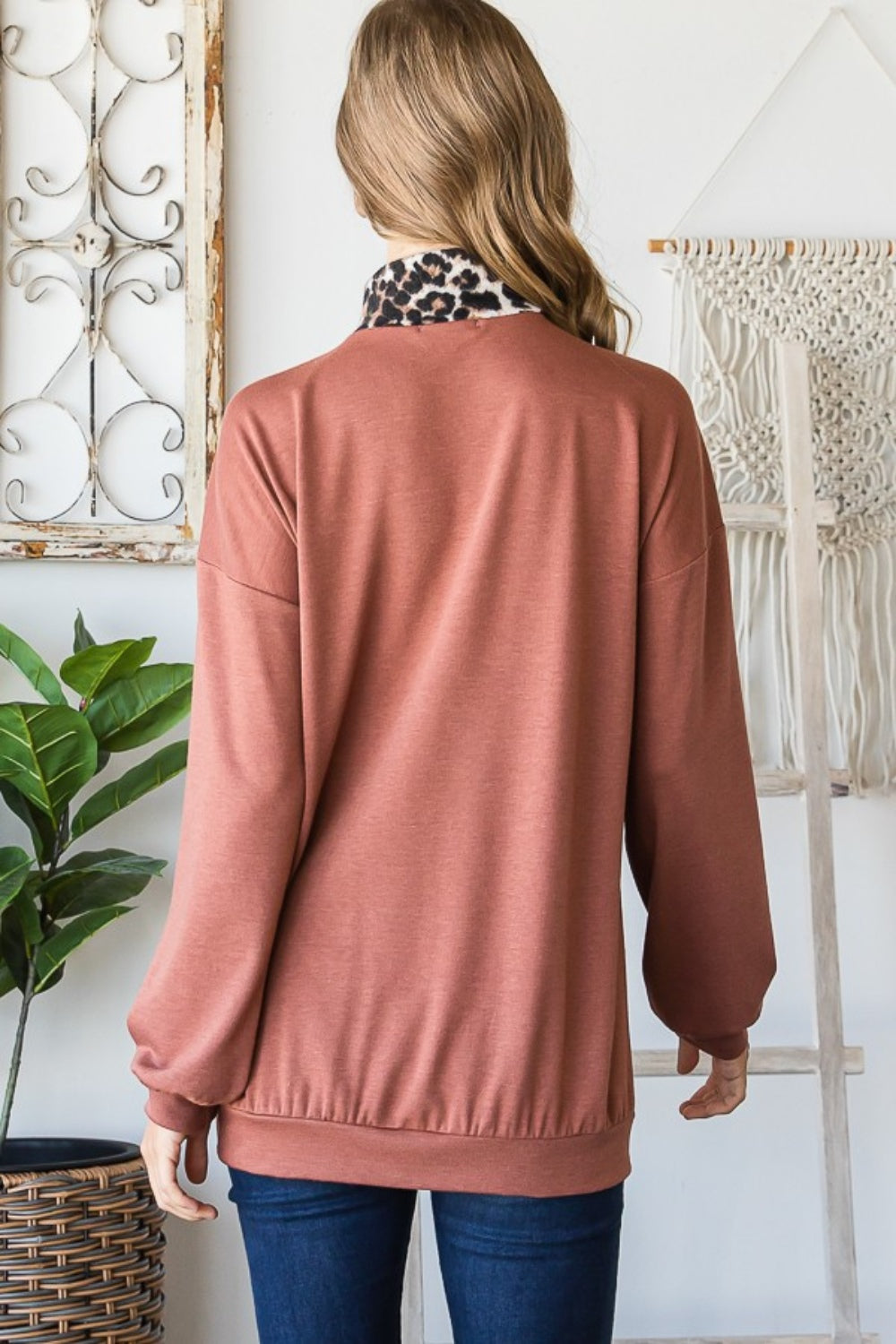 Heimish Full Size Leopard Quarter Zip Mock Neck Sweatshirt *