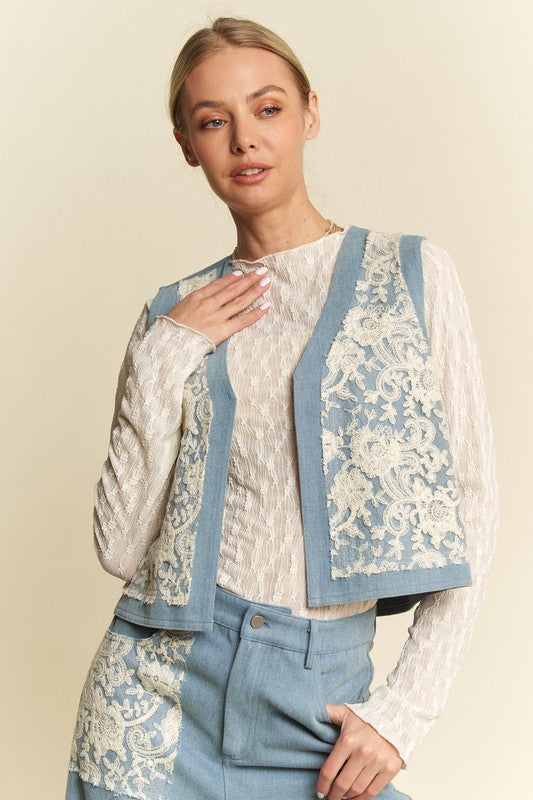 Davi & Dani Lace Patch Open Front Denim Vest *