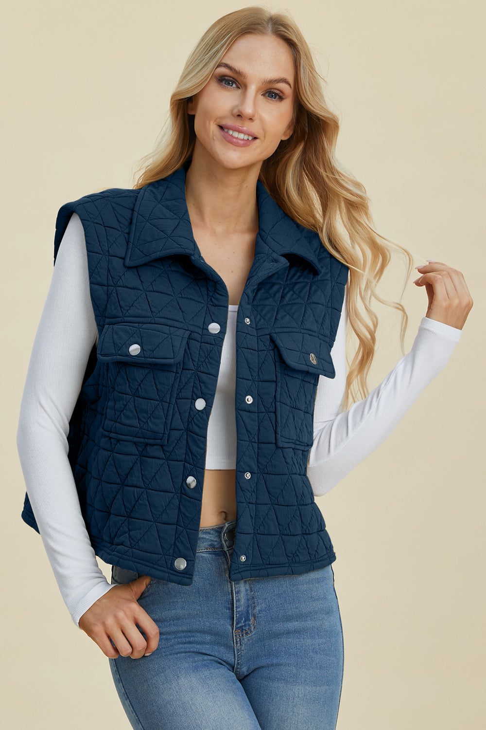 Double Take Full Size Pocketed Texture Snap Down Vest Coat *