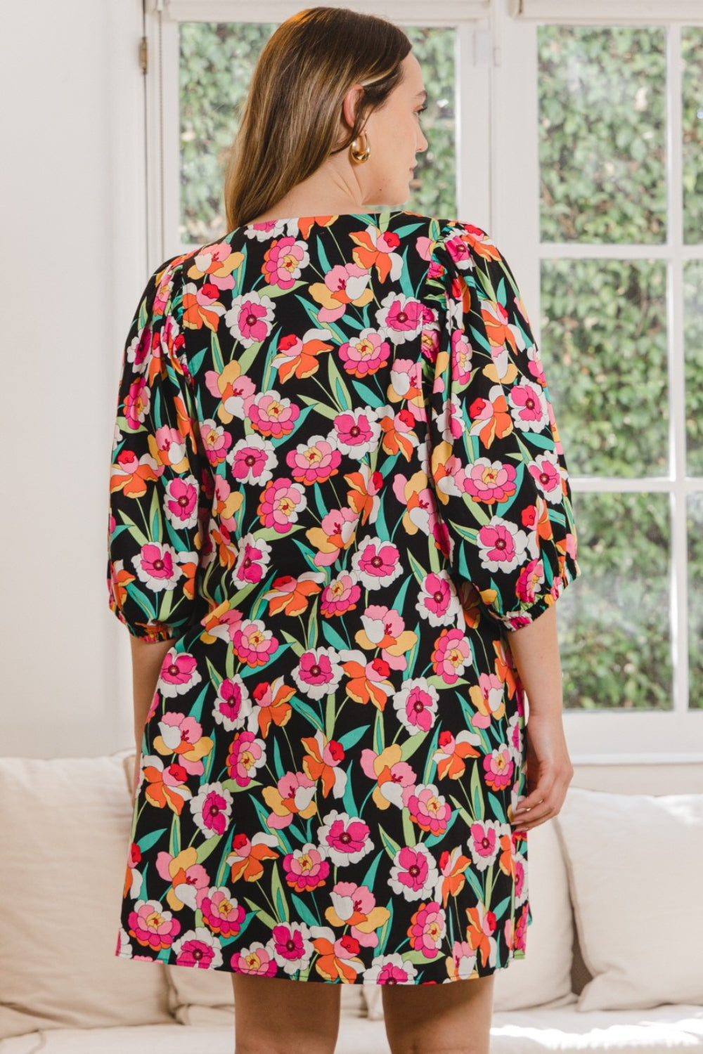 ODDI Full Size Floral Puff Sleeve Mini Dress *