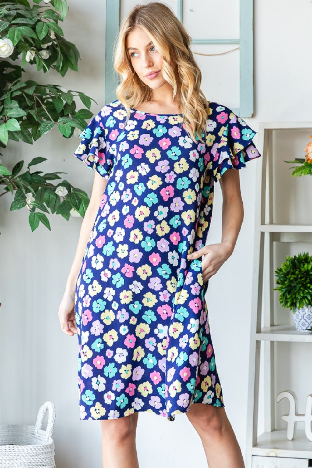 Heimish Full Size Floral Ruffled Short Sleeve Dress with Pockets *