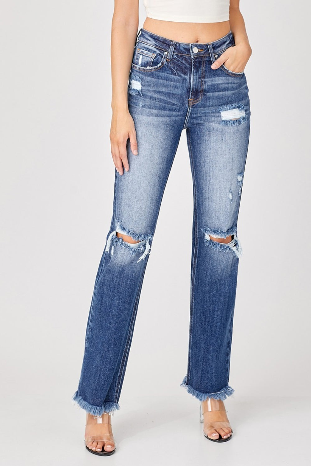 Risen Full Size Raw Hem Distressed Straight Jeans *