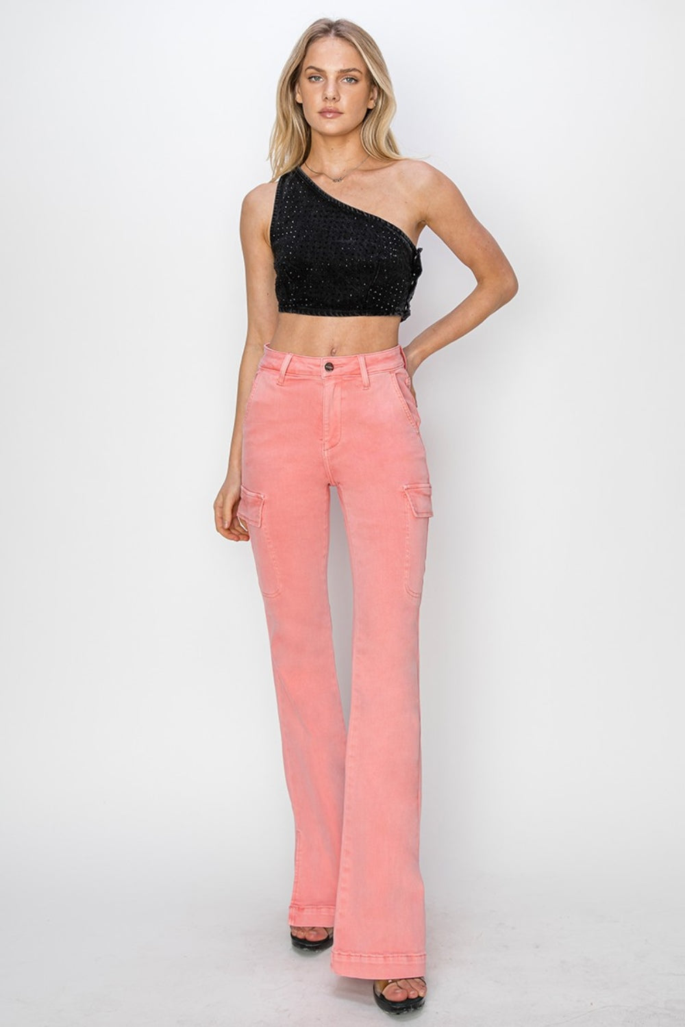 RISEN Full Size High Rise Side Slit Cargo Bootcut Jeans *