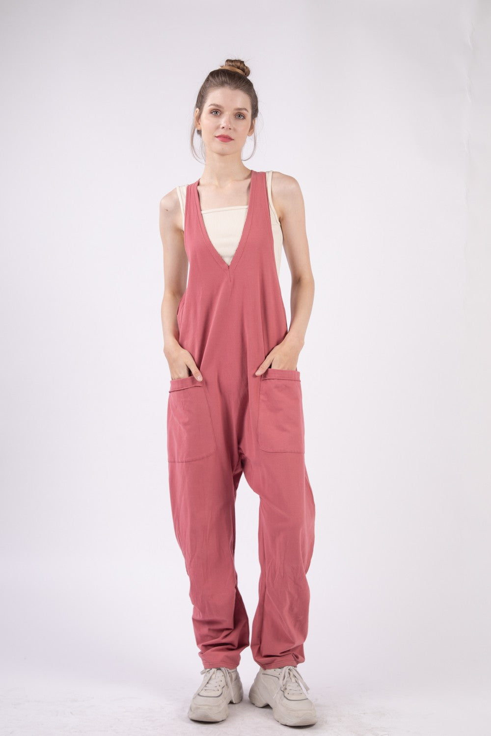 VERY J  Plunge Sleeveless Jumpsuit with Pockets *