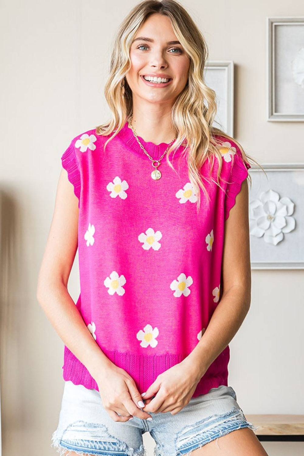 First Love Full Size Flower Pattern Round Neck Sweater Vest *