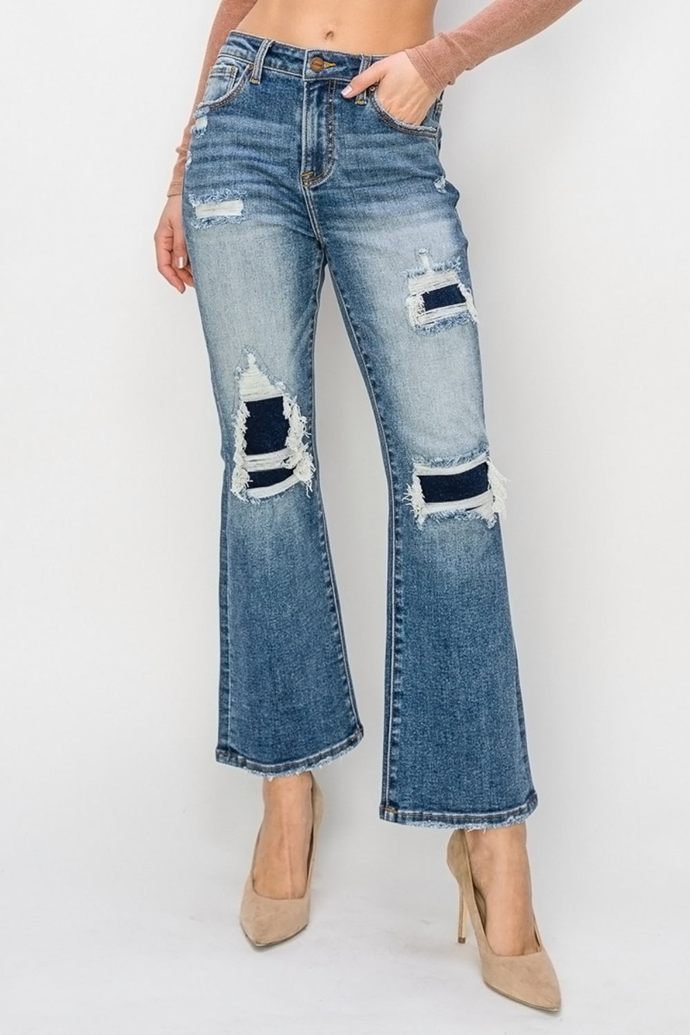 Risen Full Size High Rise Distressed Ankle Flare Jeans *