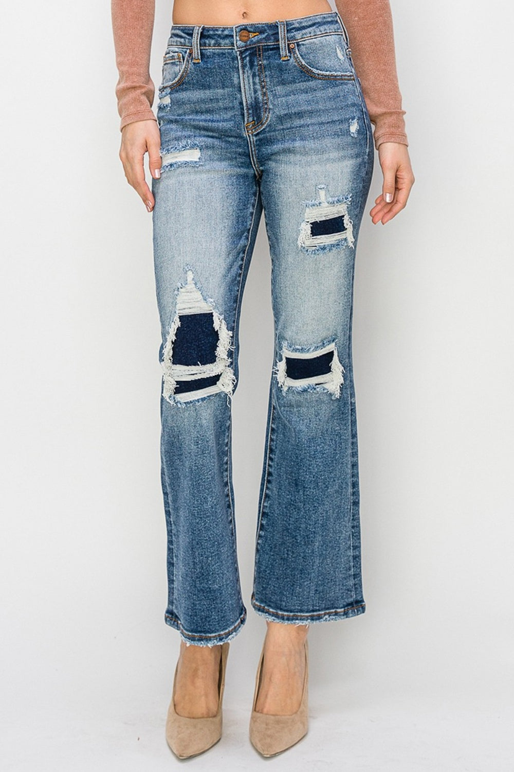 Risen Full Size High Rise Distressed Ankle Flare Jeans *