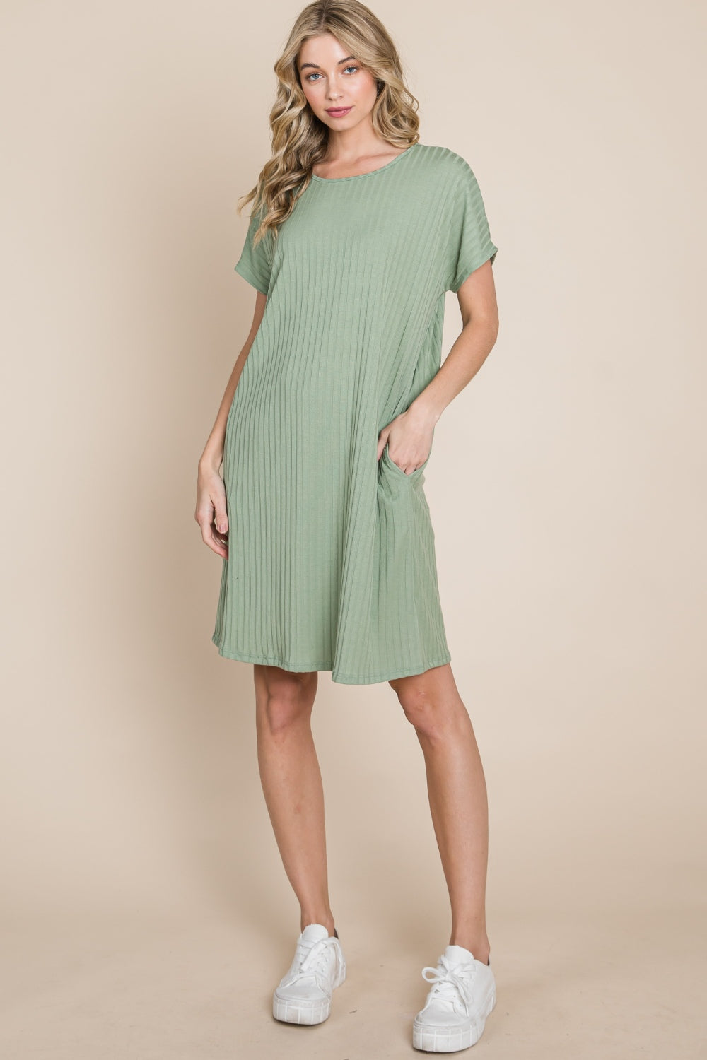 BOMBOM Ribbed Round Neck Short Sleeve Dress *