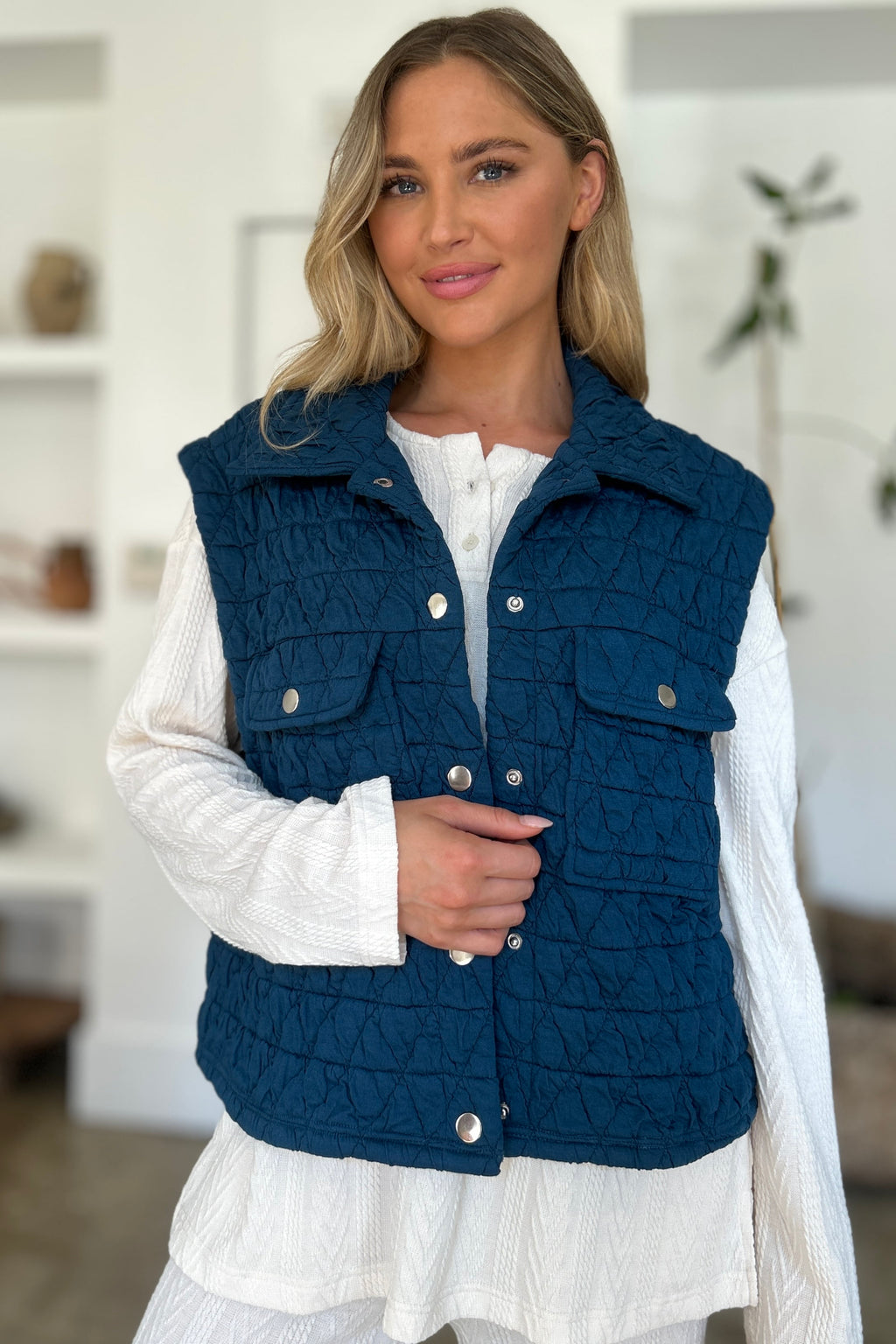Double Take Full Size Pocketed Texture Snap Down Vest Coat *