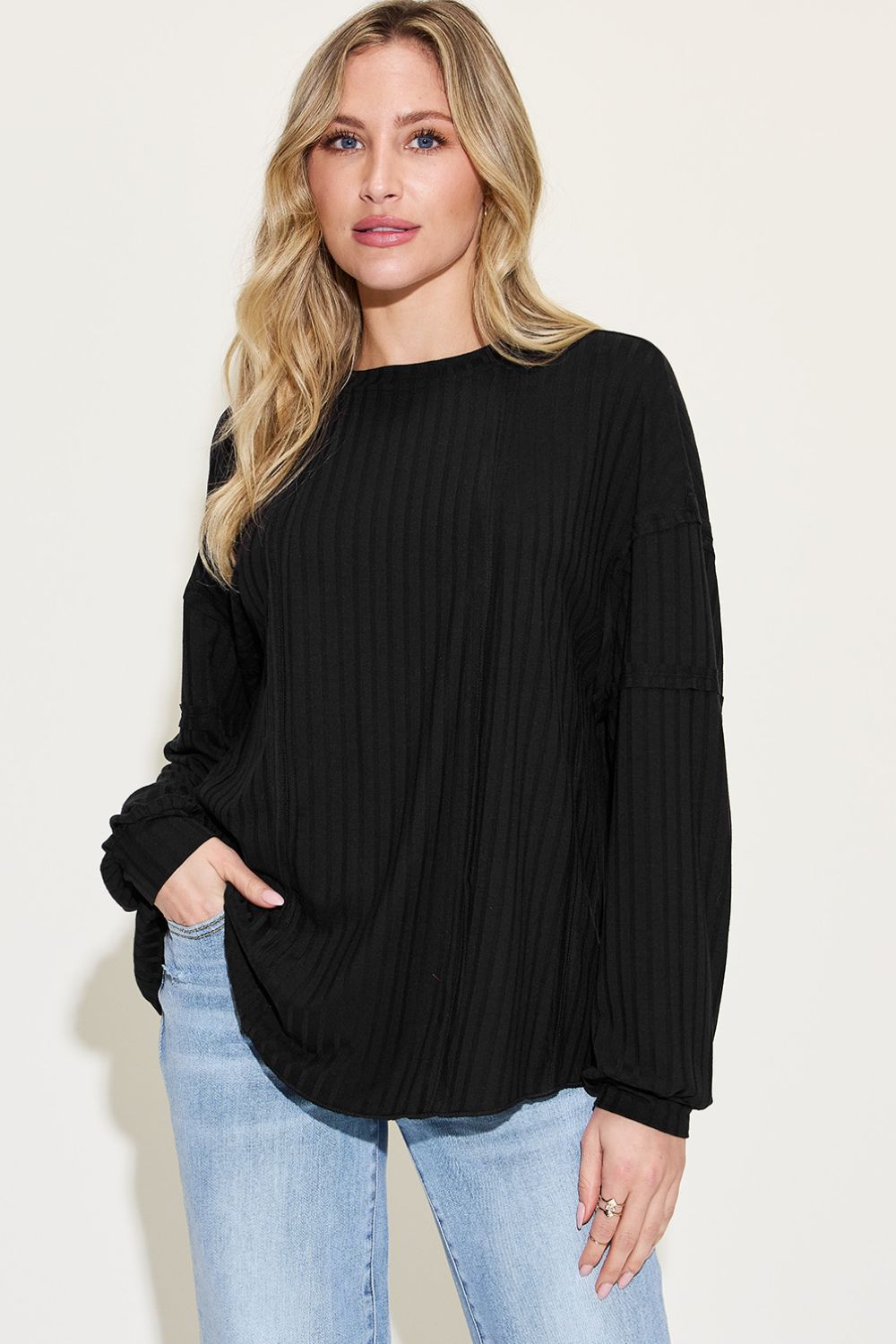 Basic Bae Full Size Ribbed Round Neck Long Sleeve T-Shirt *