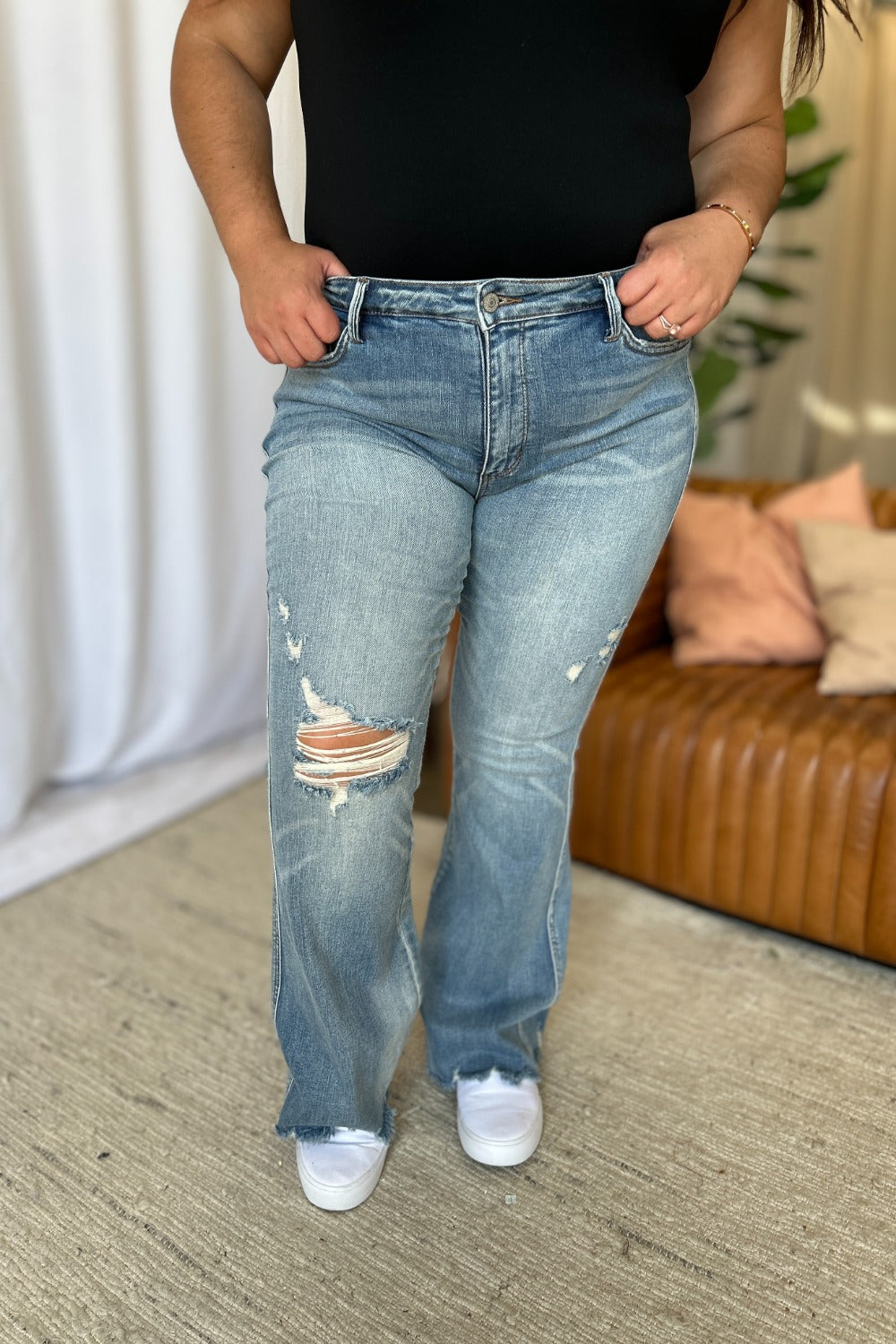 Judy Blue Full Size Medium Rise Tummy Control Destroy Flare Jeans *