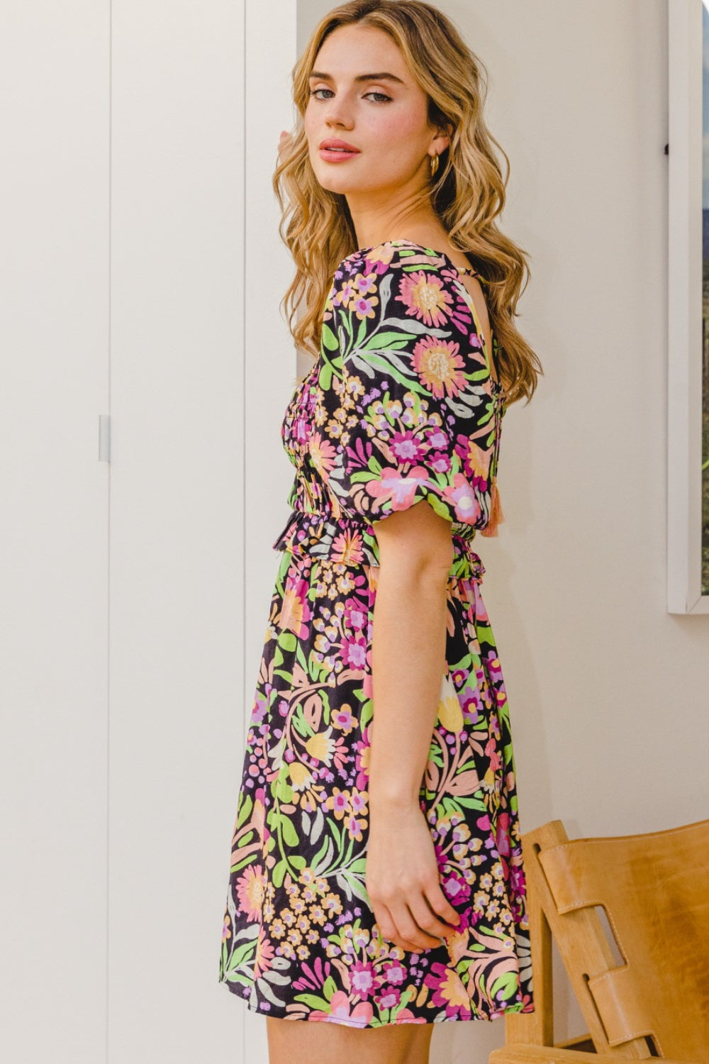 ODDI Full Size Floral Tie-Back Mini Dress *