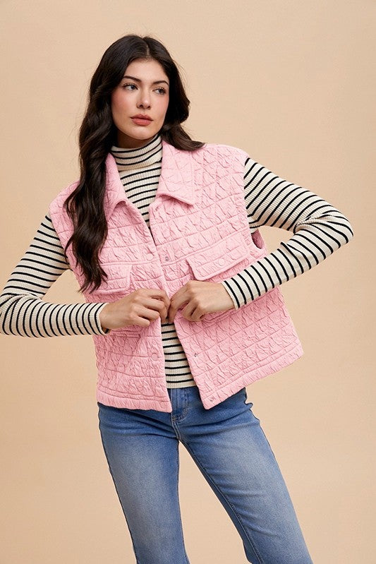 Annie Wear Texture Quilted Snap Down Vest Coat *