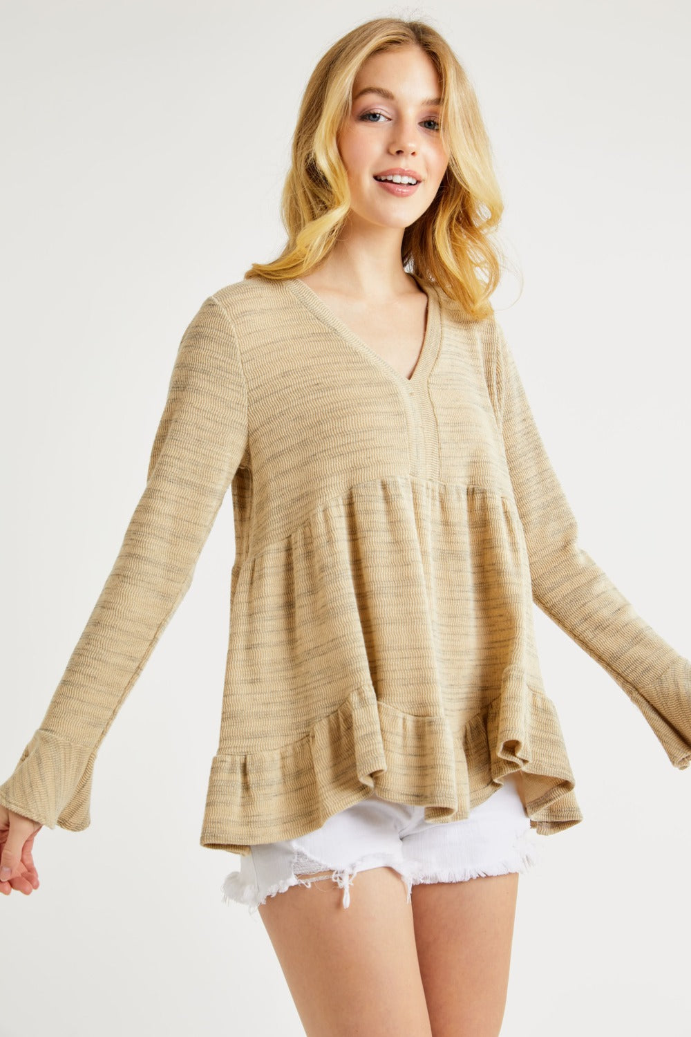 Hailey & Co V-Neck Flounce Sleeve Knit Top *