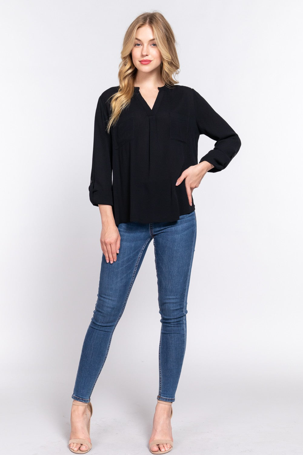 ACTIVE BASIC Full Size Notched Long Sleeve Woven Top *