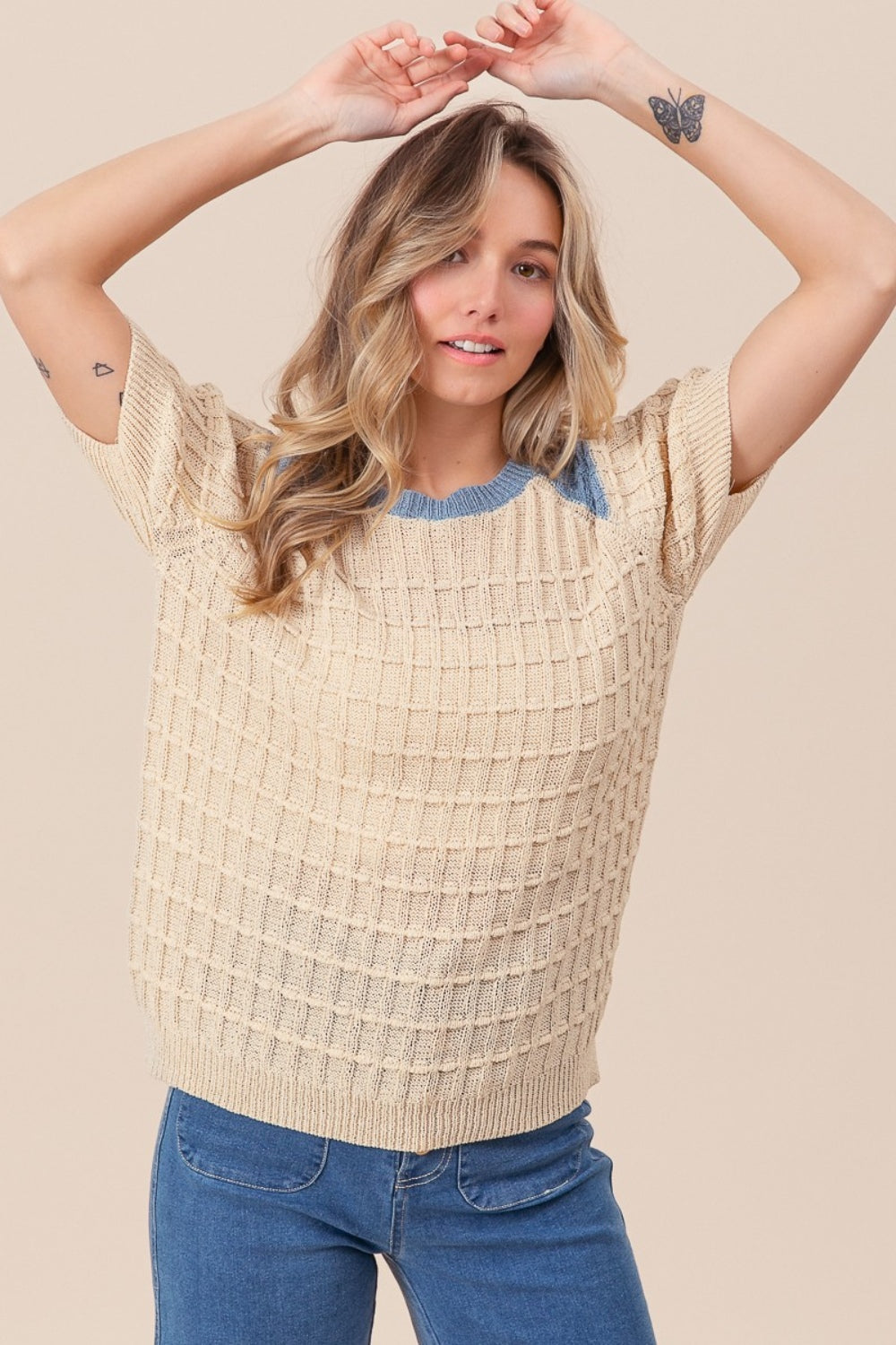 BiBi Textured Contrast Short Sleeve Sweater - Brand BiBi