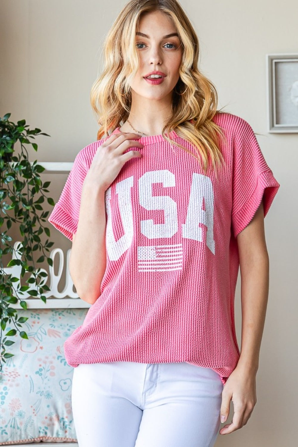 Heimish Full Size USA Graphic Short Sleeve Ribbed Top *