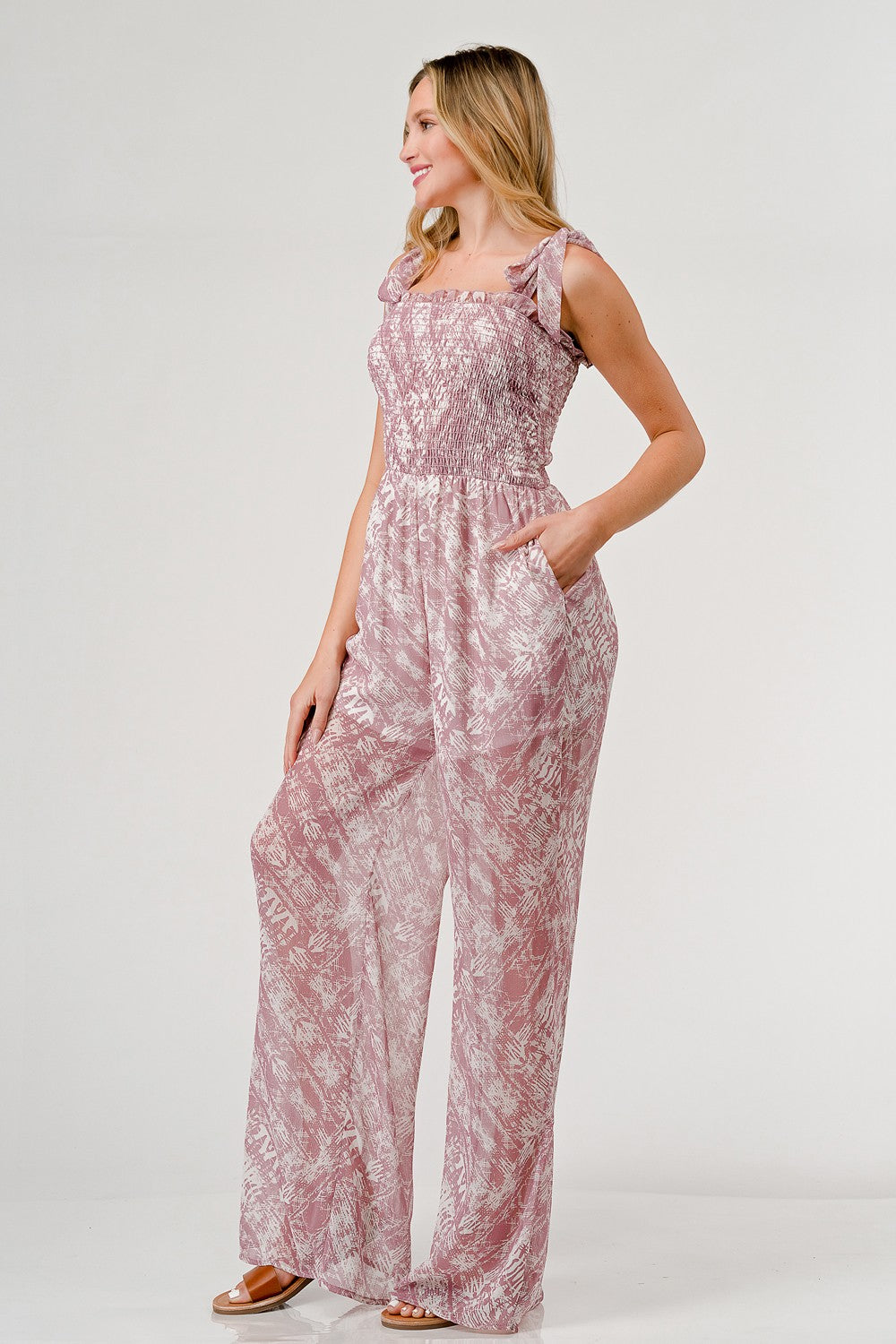 GeeGee Printed Tie Shoulder Wide Leg Jumpsuit *