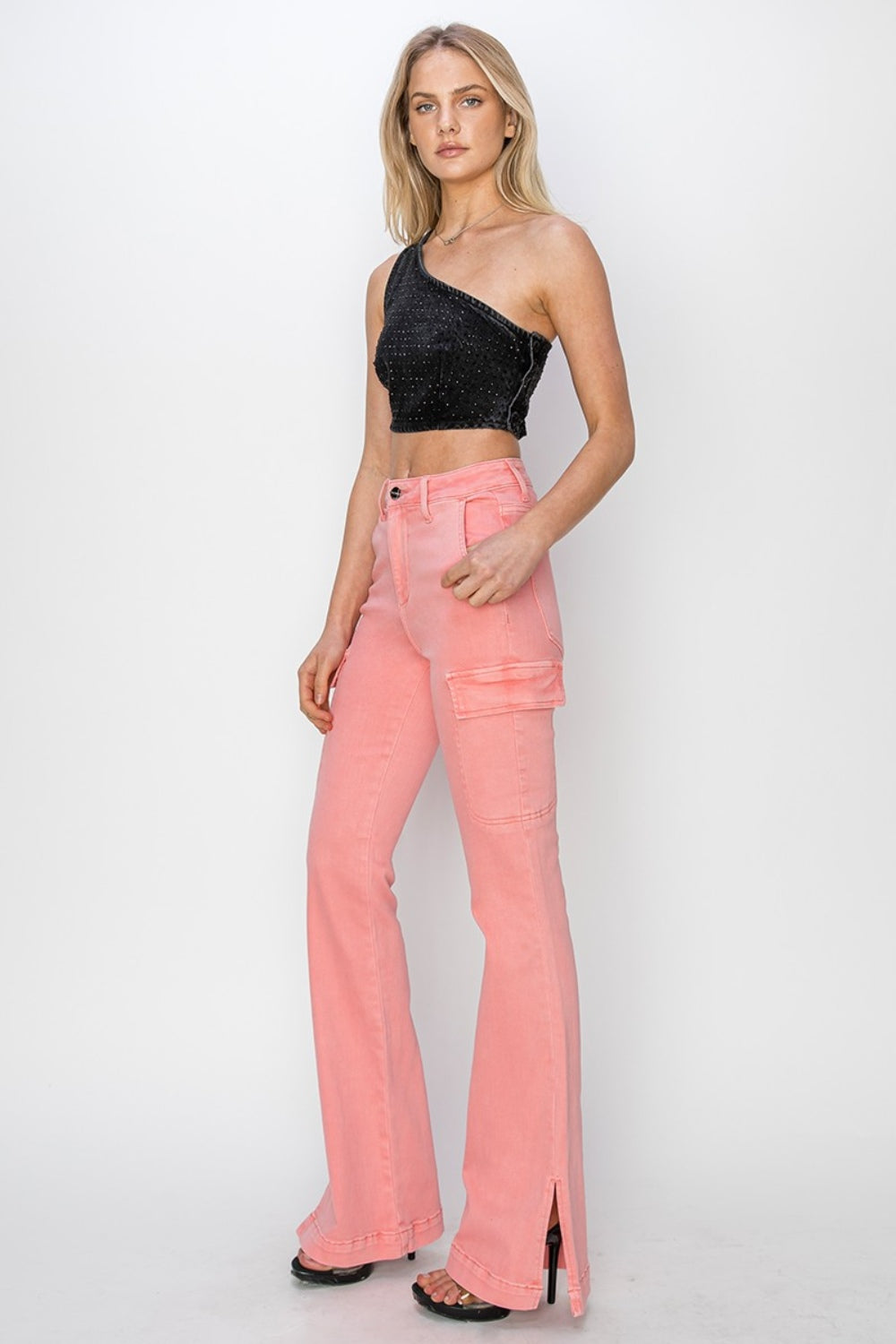 RISEN Full Size High Rise Side Slit Cargo Bootcut Jeans *
