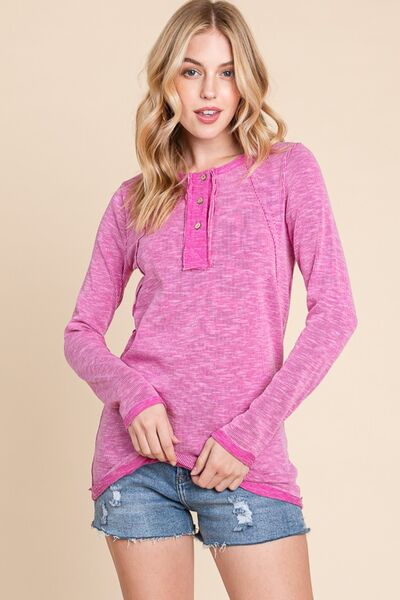 Reborn J Contrast Trim Half Button Long Sleeve T-Shirt *