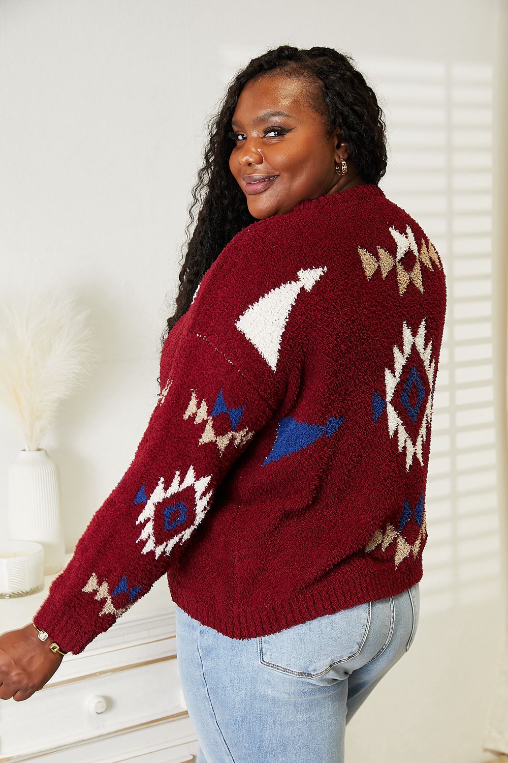 HEYSON Wine Full Size Aztec Soft Fuzzy Sweater *
