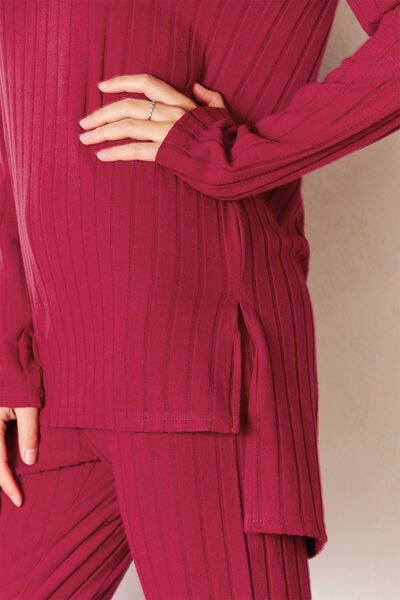 Basic Bae Full Size Ribbed Round Neck High-Low Slit Top and Pants Set *