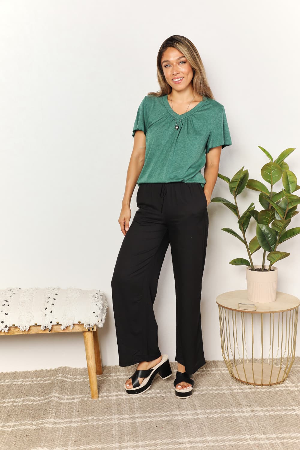 Full Size Double Take Ruched V-Neck Short Sleeve T-Shirt *