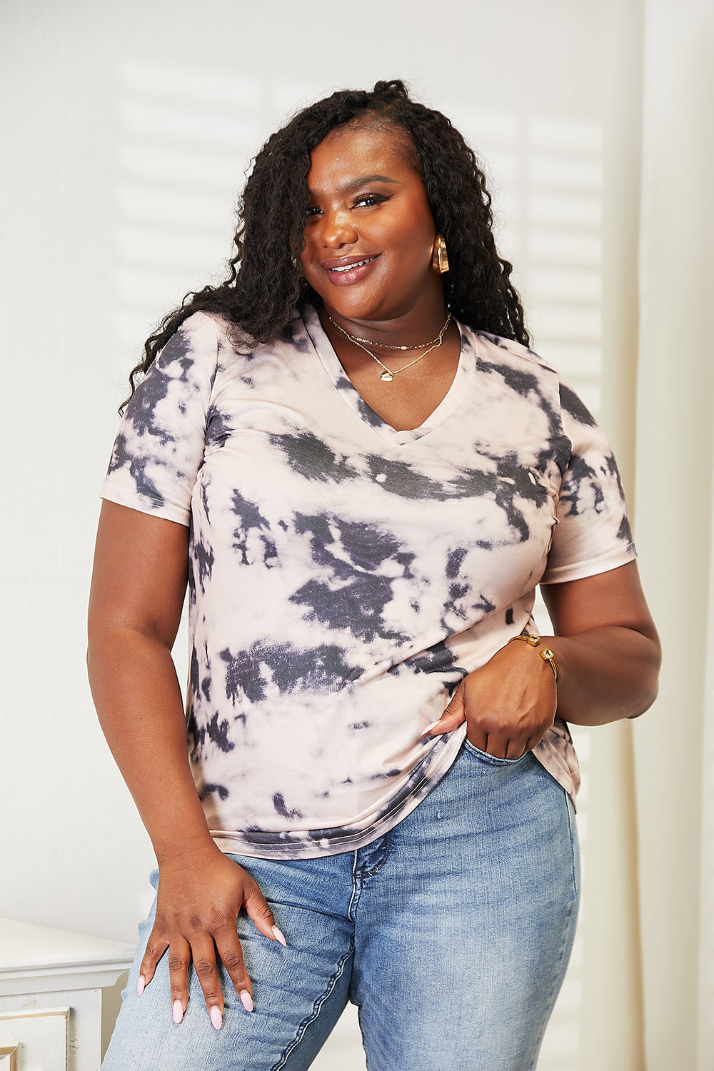 Double Take Peach Full Size Tie-Dye V-Neck T-Shirt *