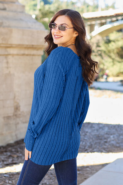 Basic Bae Full Size Ribbed Round Neck Long Sleeve Knit Top *