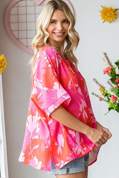 First Love Slit Printed Round Neck Half Sleeve Blouse *