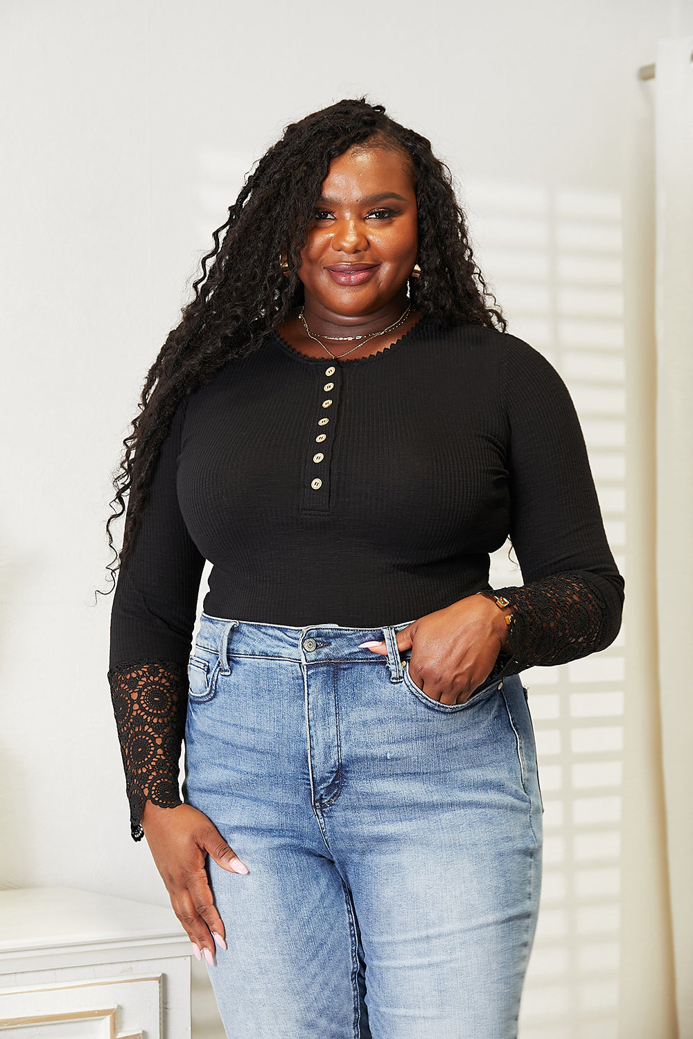 Double Take Black Full Size Crochet Lace Hem Sleeve Button Top *