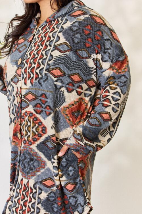 Heimish Full Size Printed Button Up Hooded Jacket *