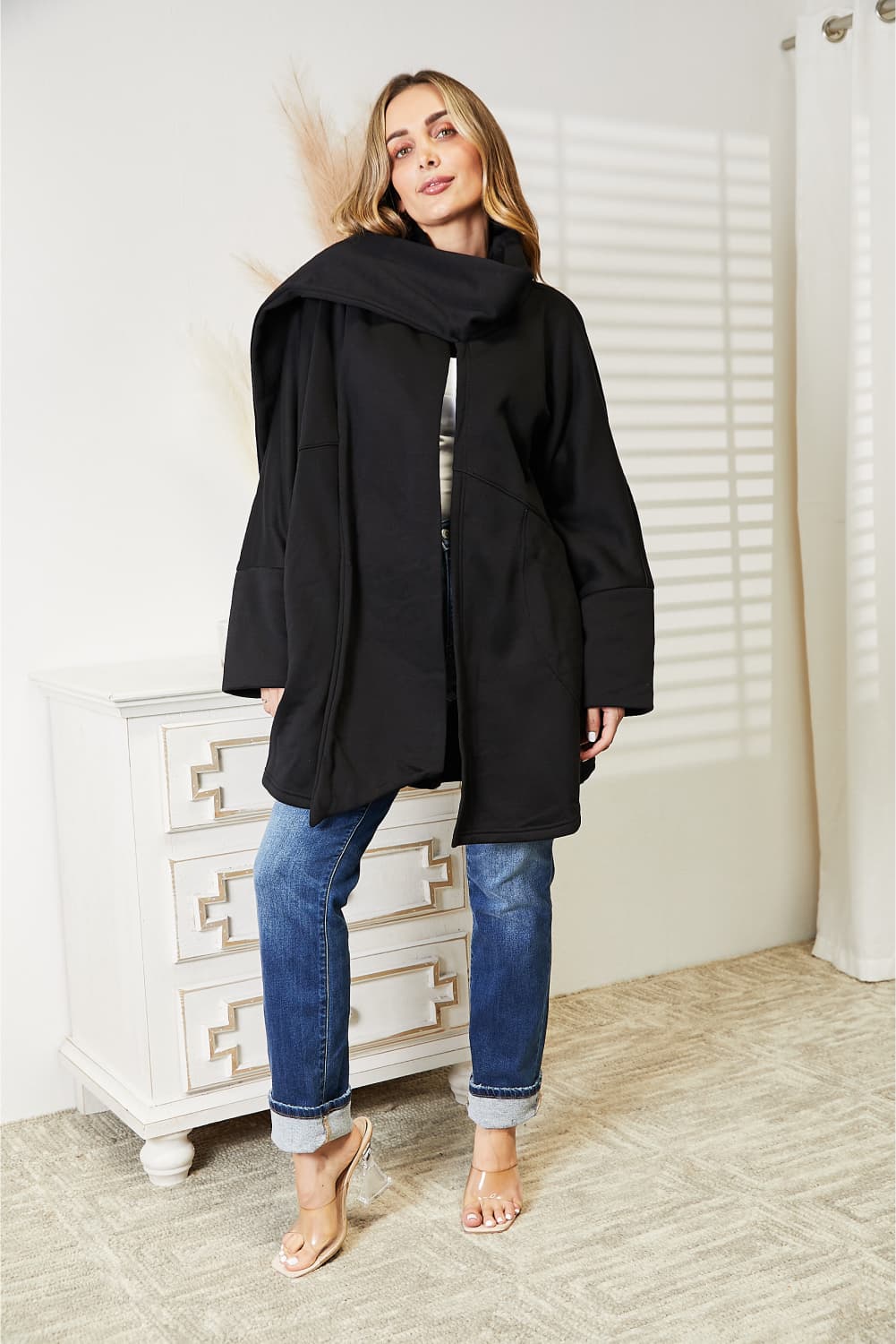 HEYSON Full Size Open Front Black Cardigan with Scarf Design *