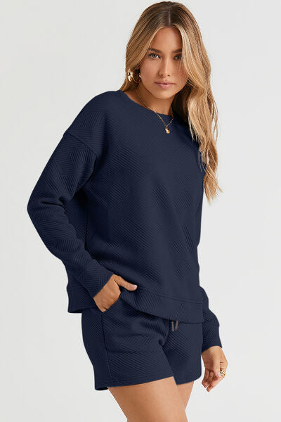 Double Take Full Size Texture Long Sleeve Top and Drawstring Shorts Set *